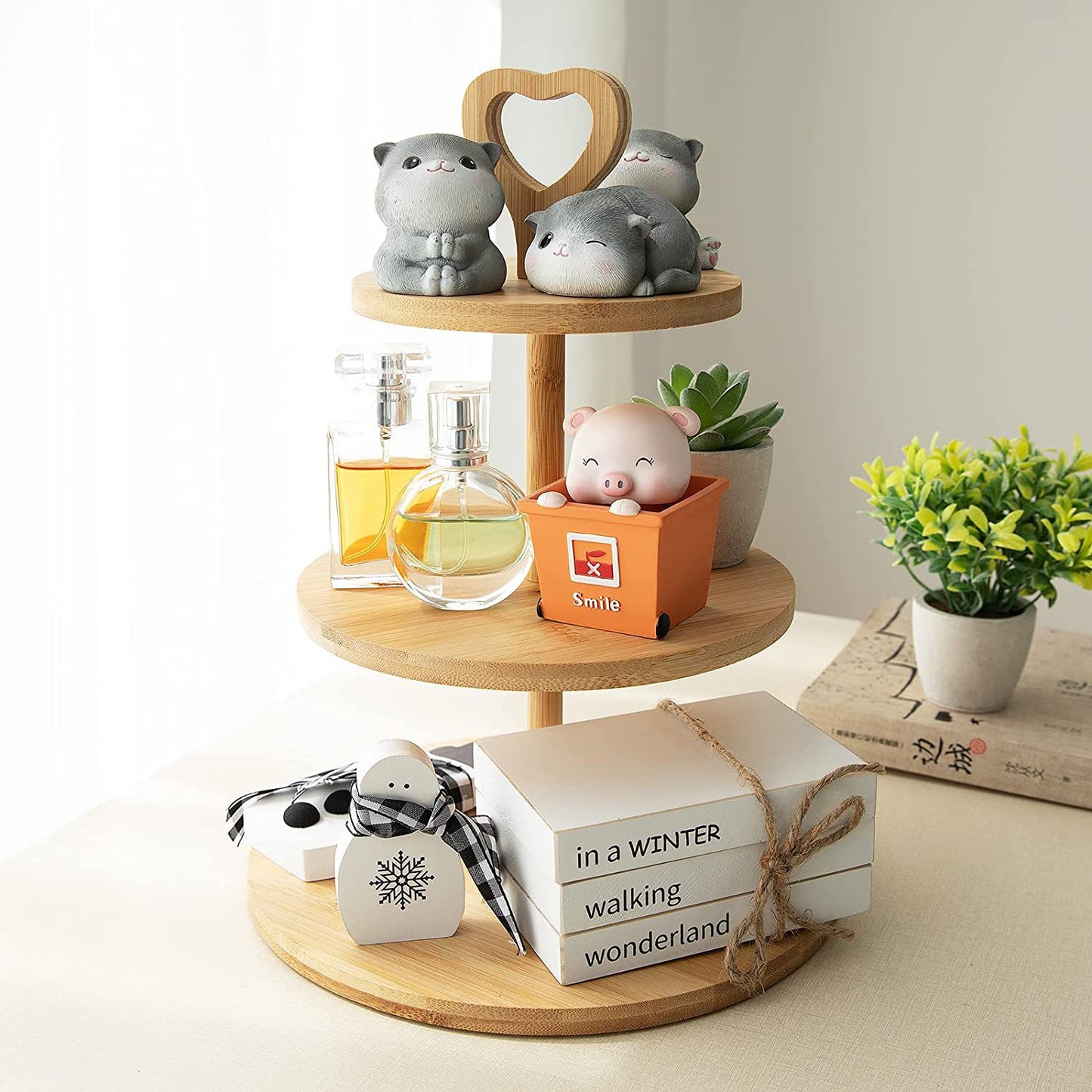 Bamboo Three-Layer Heart Snack Tray for Kitchen